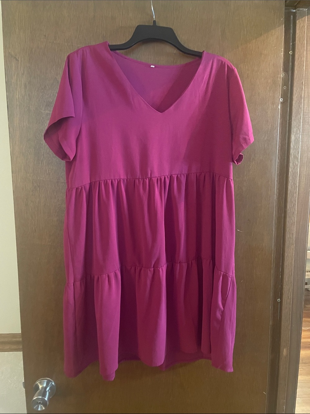 V-Neck Tiered Babydoll Tunic Dress - Magenta